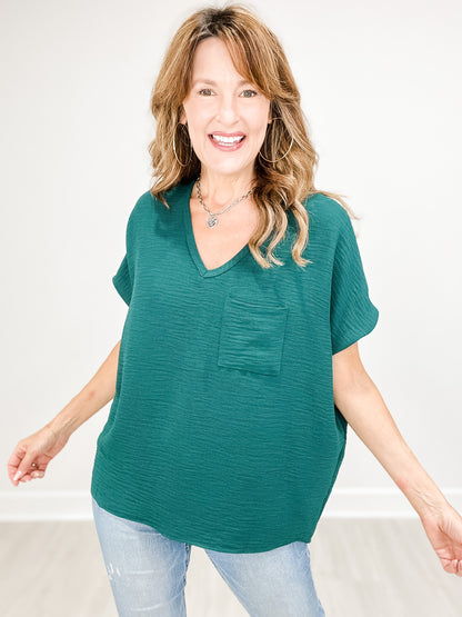 Short Sleeve V-Neck Waffle Ruffle Air Flow Top