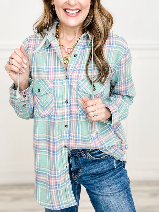 Plaid Button Down Top with Solid Detachable Hood