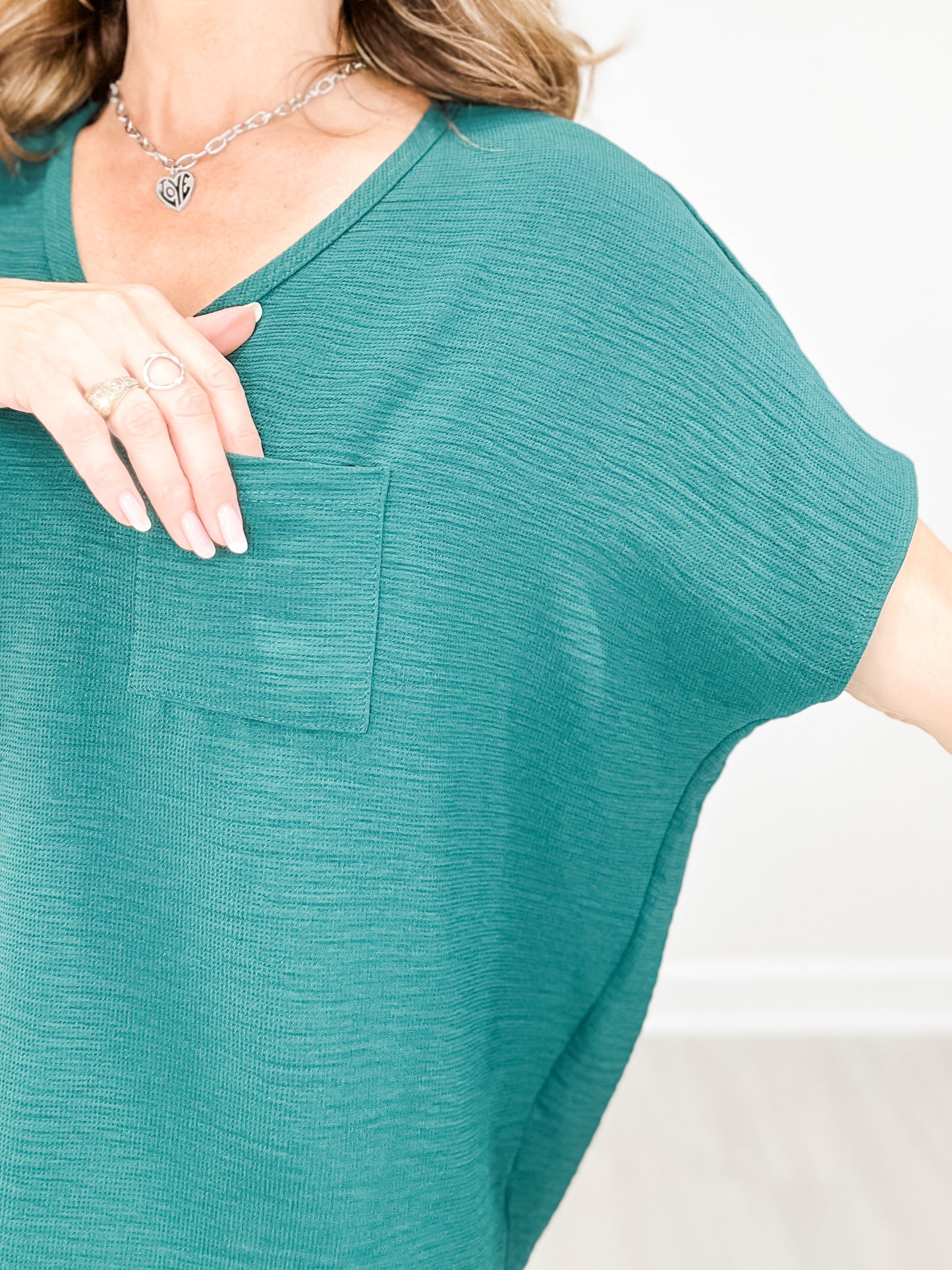 Short Sleeve V-Neck Waffle Ruffle Air Flow Top