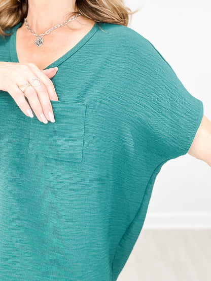 Short Sleeve V-Neck Waffle Ruffle Air Flow Top