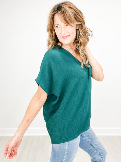Short Sleeve V-Neck Waffle Ruffle Air Flow Top