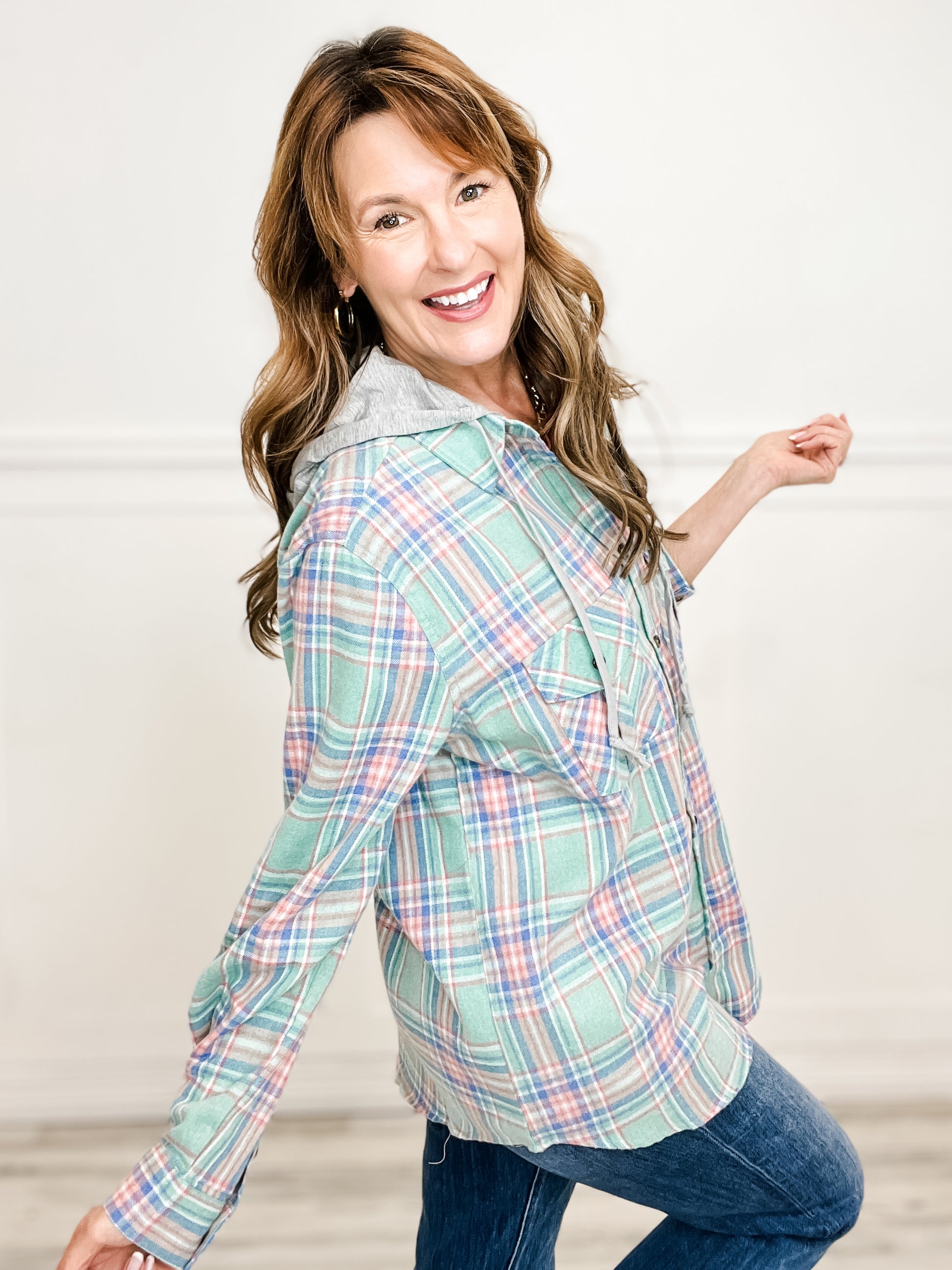Plaid Button Down Top with Solid Detachable Hood