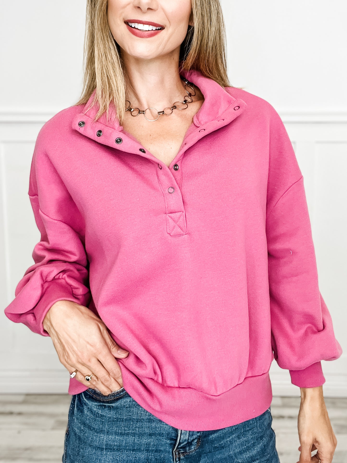 Balloon Sleeve Half Button Down Henley Knit Top