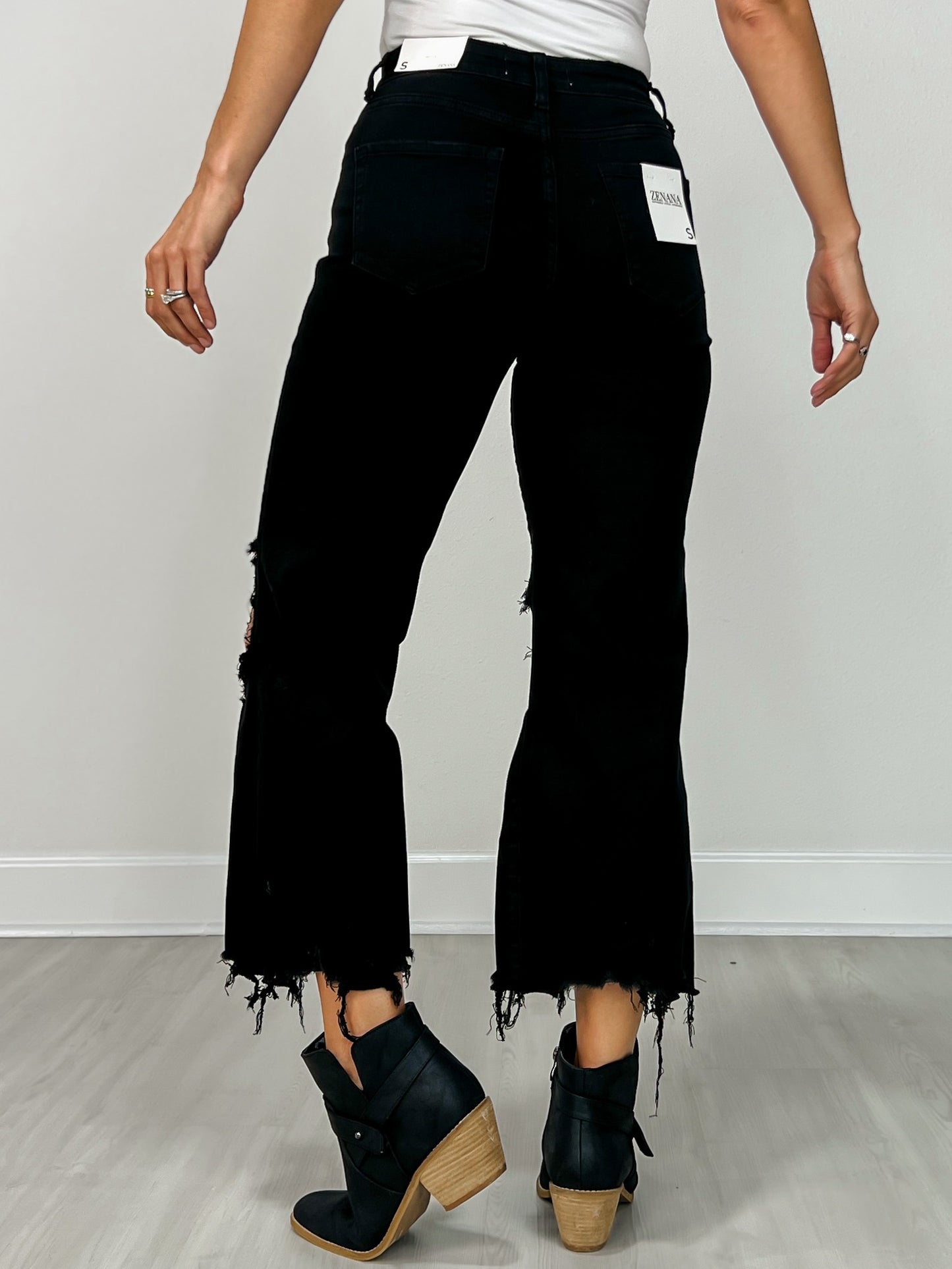 Distressed Knee Flare Crop High-waist Pants