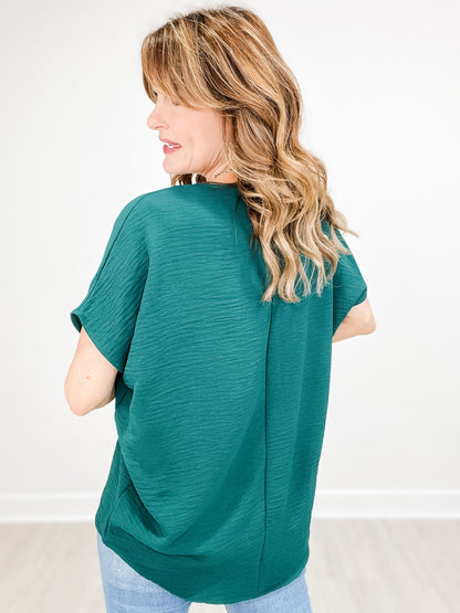 Short Sleeve V-Neck Waffle Ruffle Air Flow Top