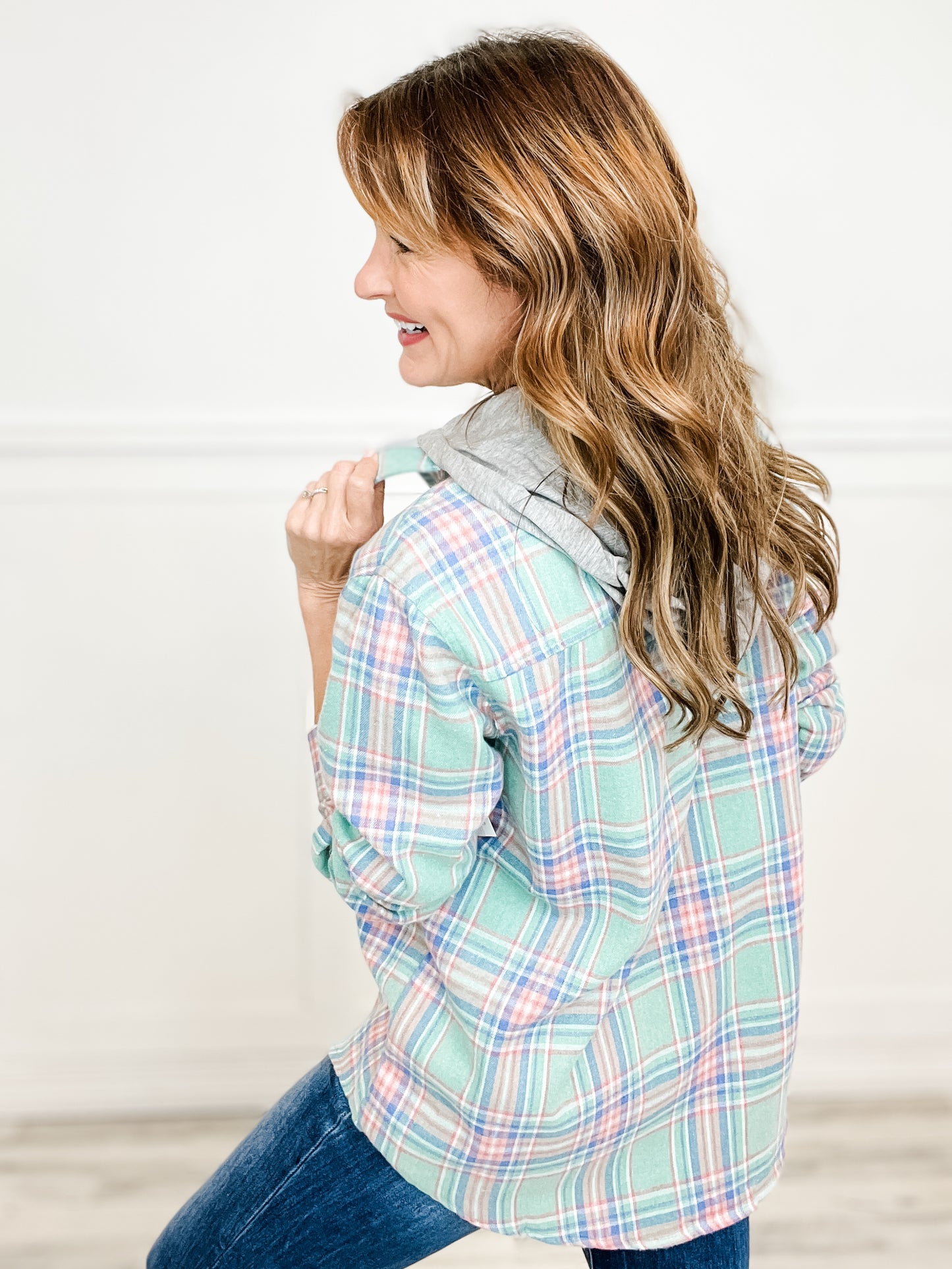 Plaid Button Down Top with Solid Detachable Hood