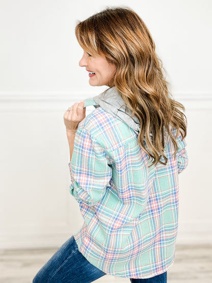 Plaid Button Down Top with Solid Detachable Hood