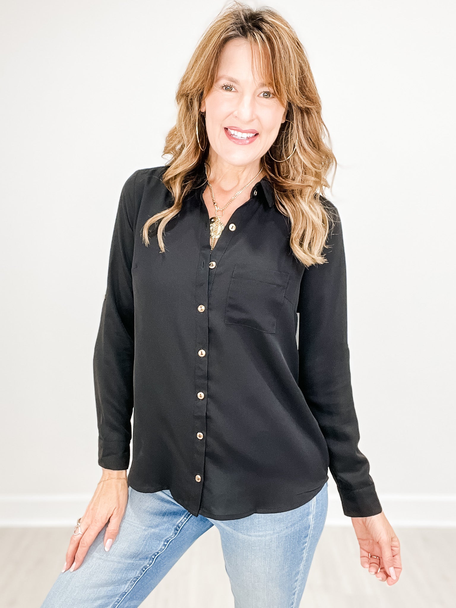 Solid Collared Button Down Top with Roll-Up Long Sleeves