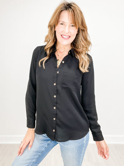 Solid Collared Button Down Top with Roll-Up Long Sleeves