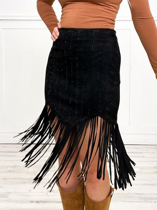 Laser Cut Detail Chic Suede Fringe Skirt