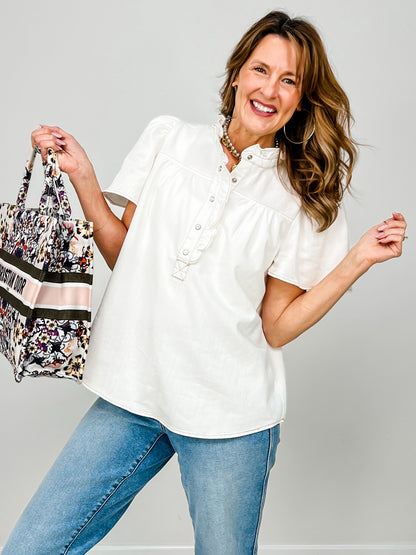 Washed Chambray Short Sleeve Button Down Top