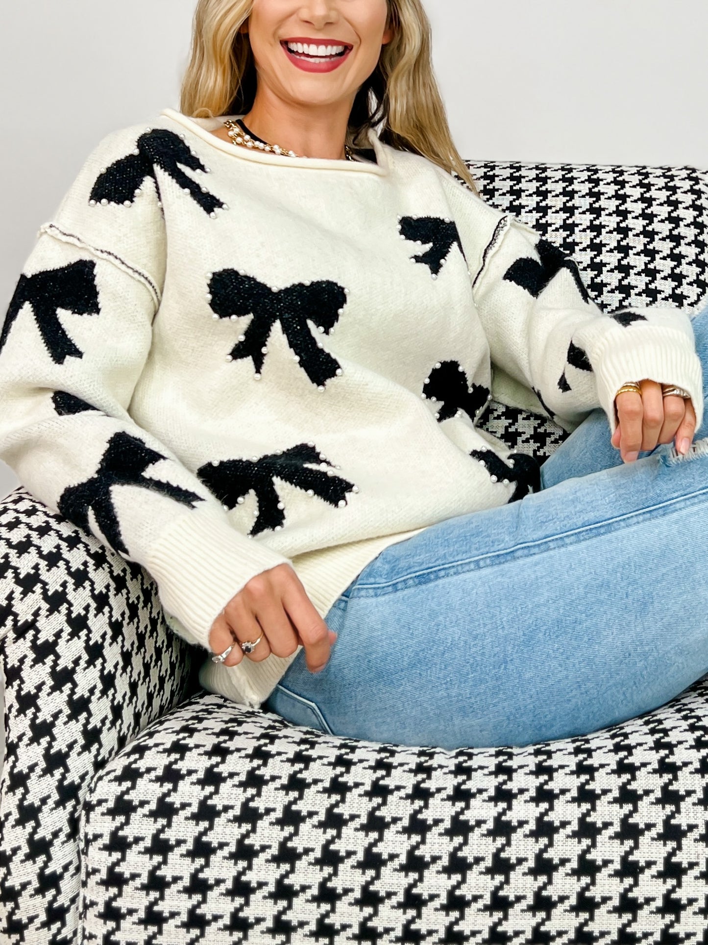 Long Sleeve Sweater with Knit Bows and Pearl Accents