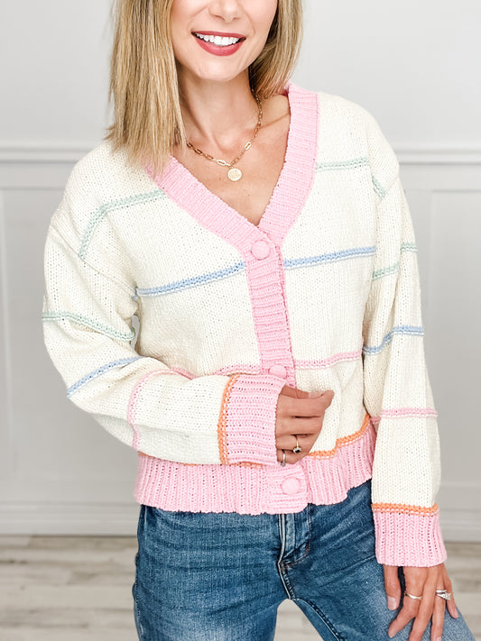 Melow Color Stripe Button Down Oversized Sweater Knit Cardigan