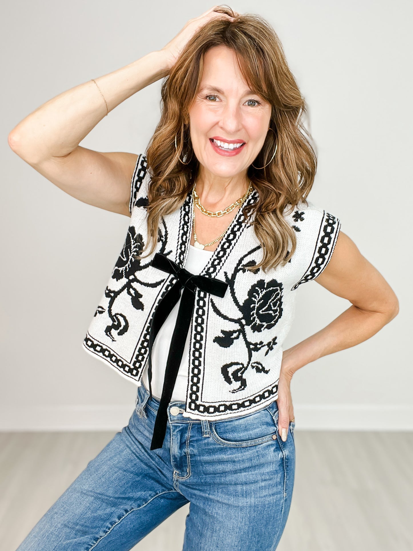 Floral Jacquard Tie Front Knit Vest Jacket