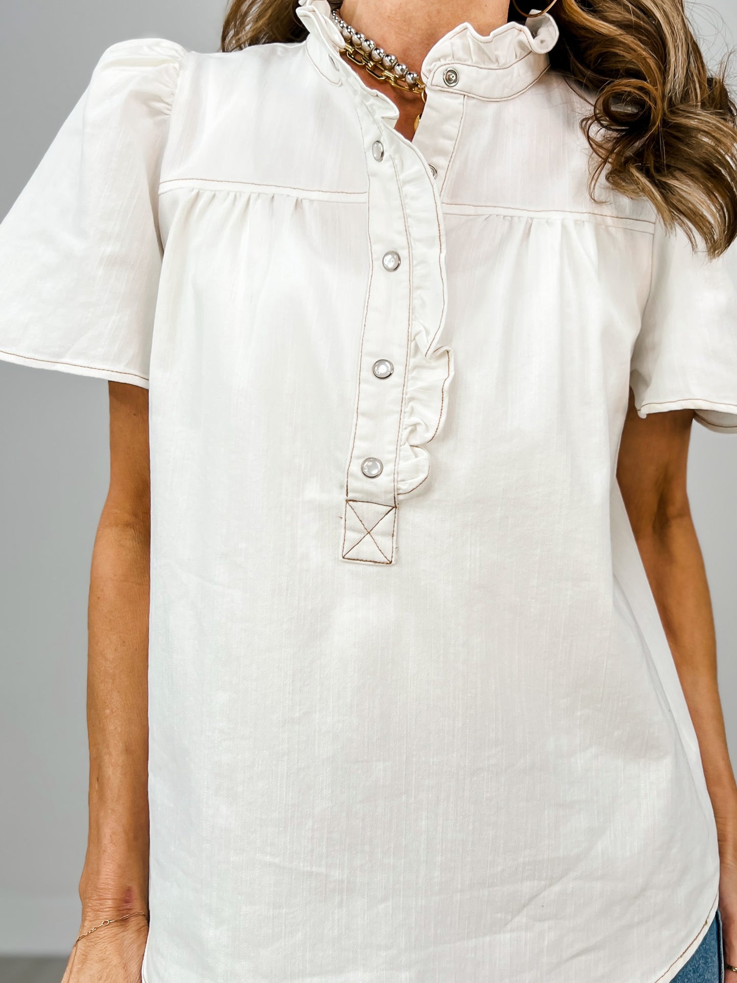Washed Chambray Short Sleeve Button Down Top