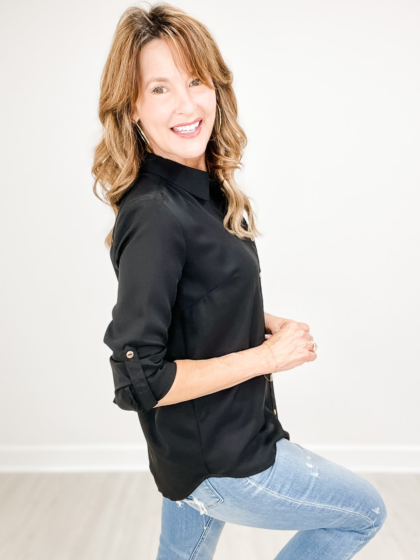 Solid Collared Button Down Top with Roll-Up Long Sleeves