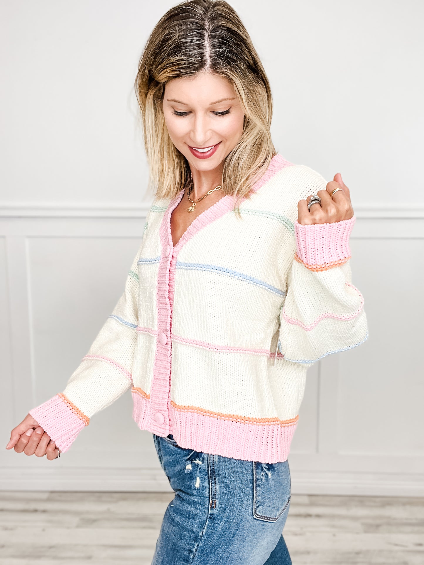 Melow Color Stripe Button Down Oversized Sweater Knit Cardigan