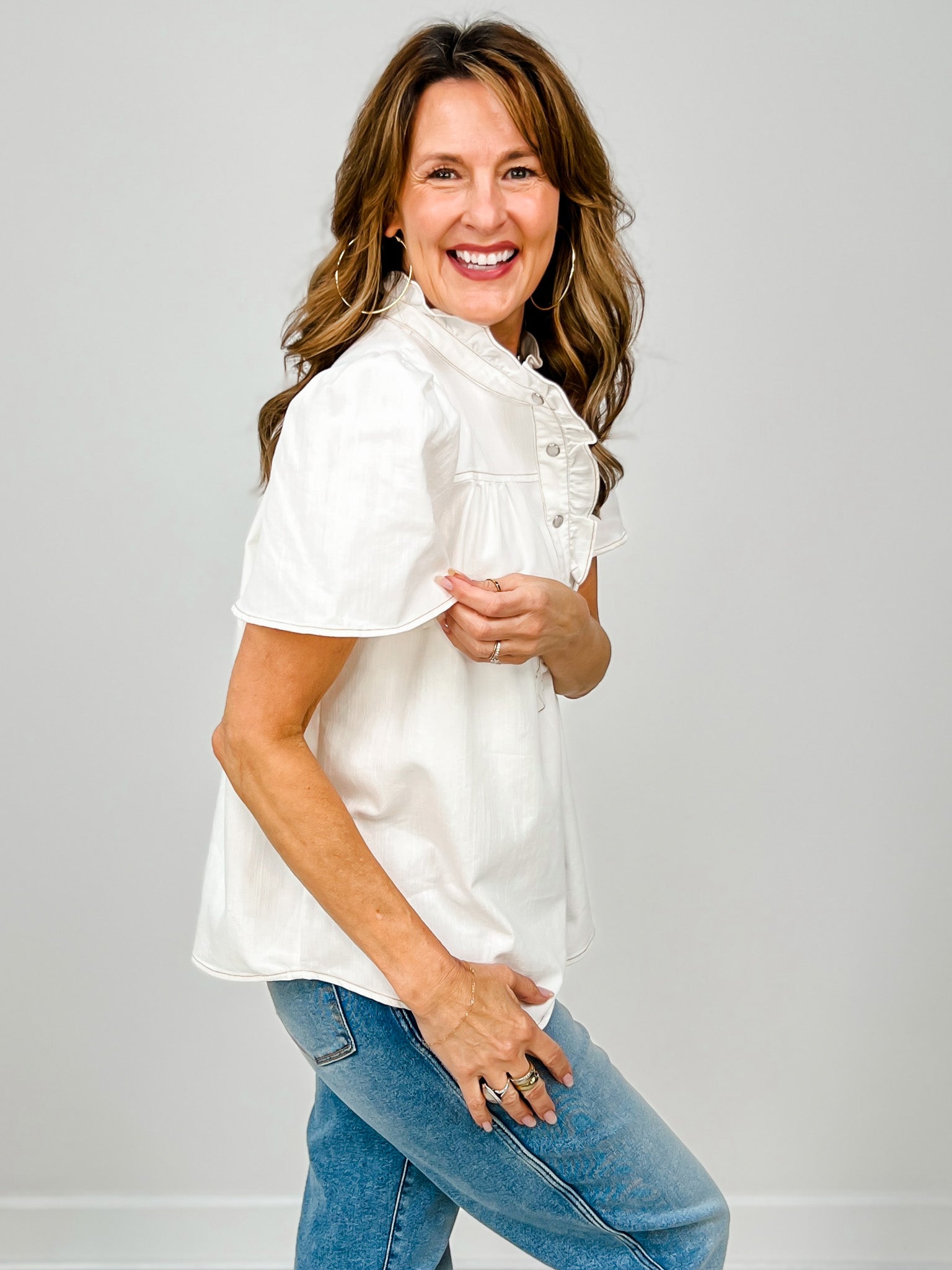Washed Chambray Short Sleeve Button Down Top