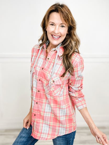 Plaid Button Down Top with Solid Detachable Hood