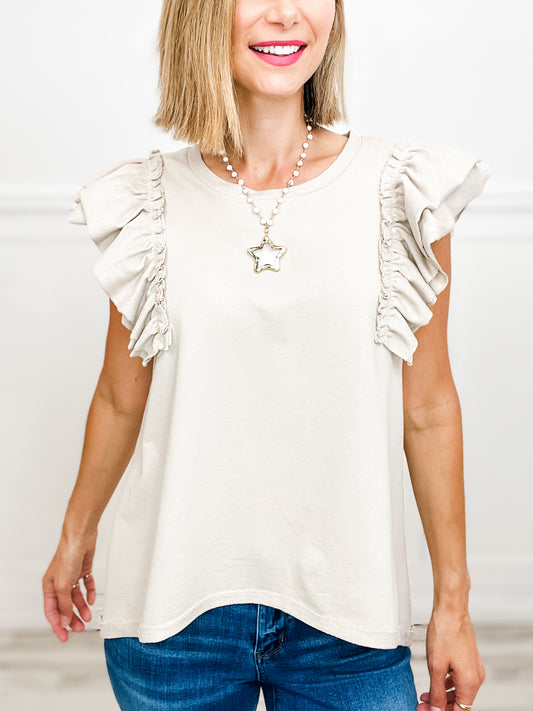 Round Neck French Terry Top with Double Layered Ruffle Sleeves