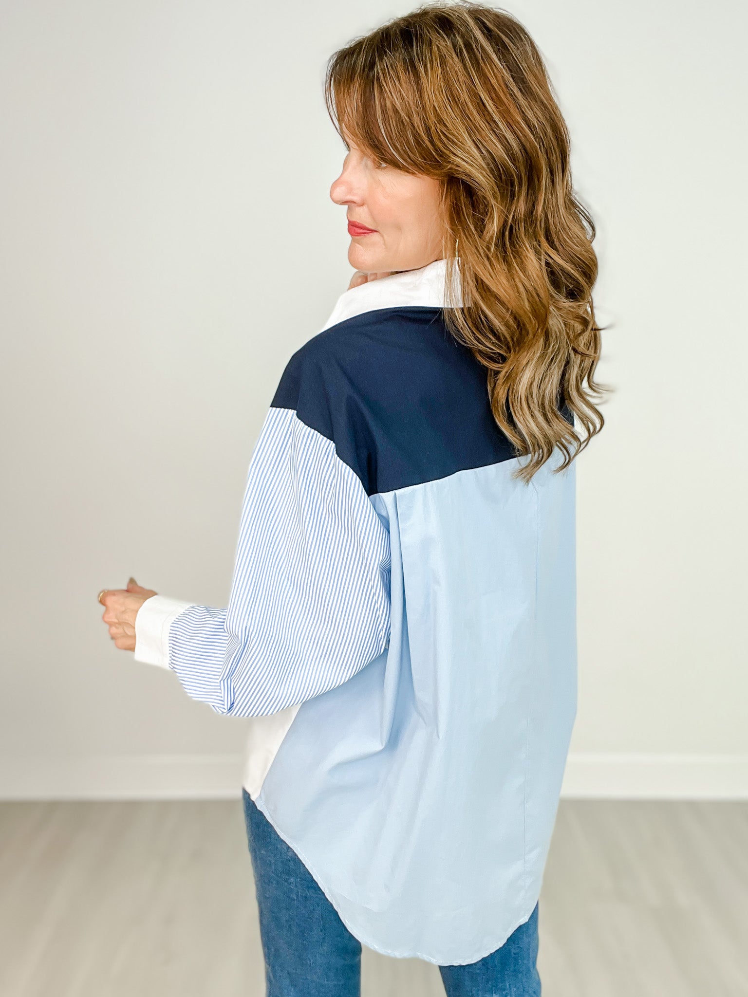 Multi-Striped Button Down Long Sleeve Collared Top