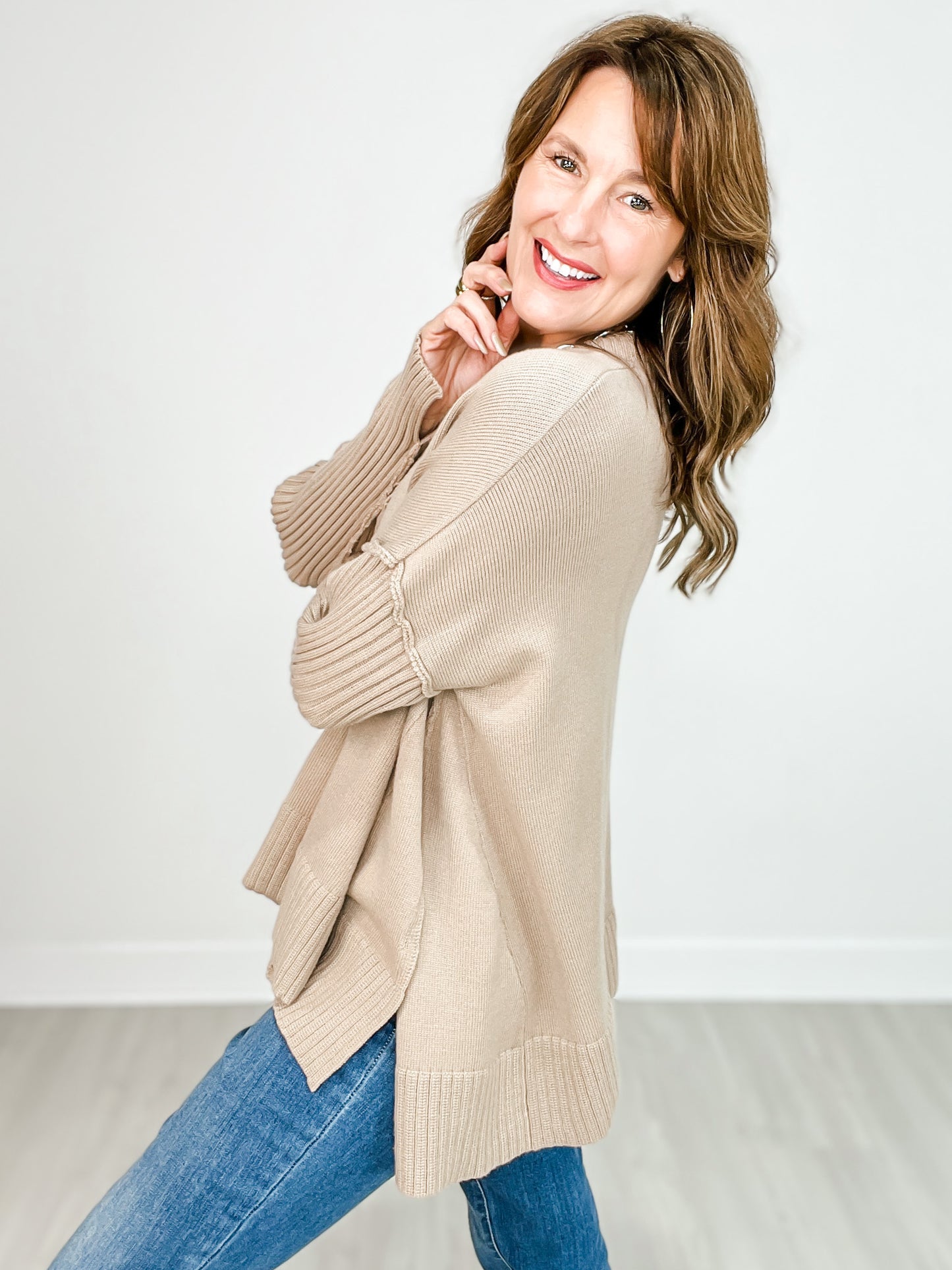 Solid Ribbed Sleeve V-Neck Side Slit Sweater