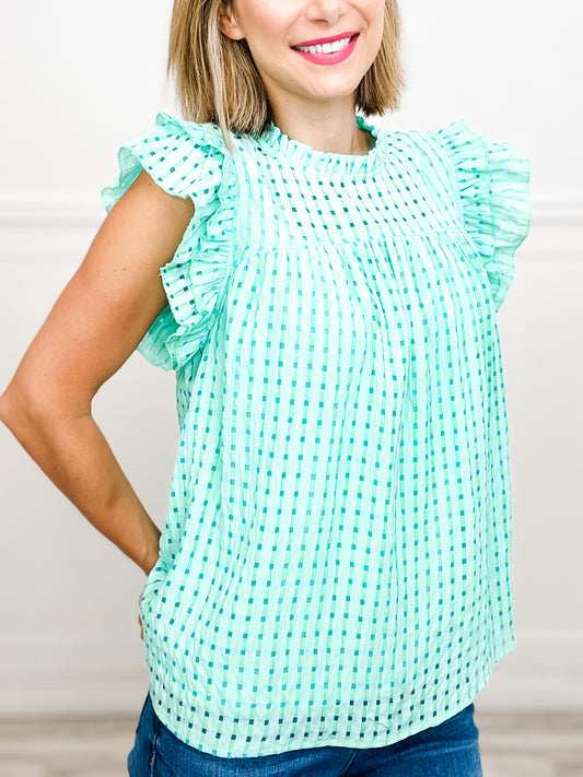 Checkered Seersucker Ruffle Neck Boxy Cut Top