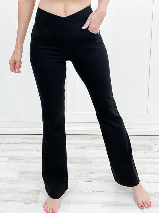 Cotton Stretch Twill Flared Cross-Over Waist Pants
