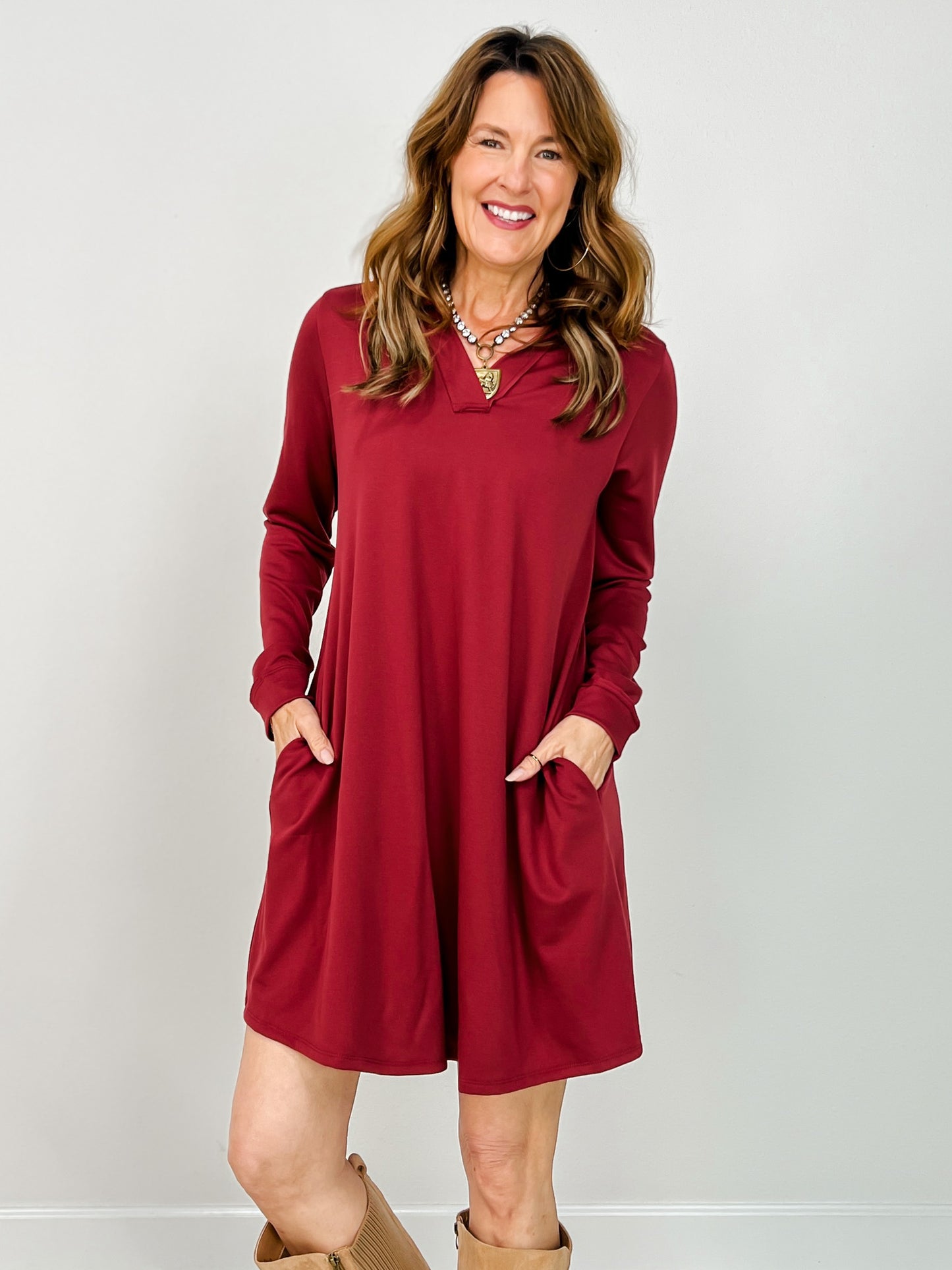 Anywhere A Line French Terry Dress with Collar in Cabernet