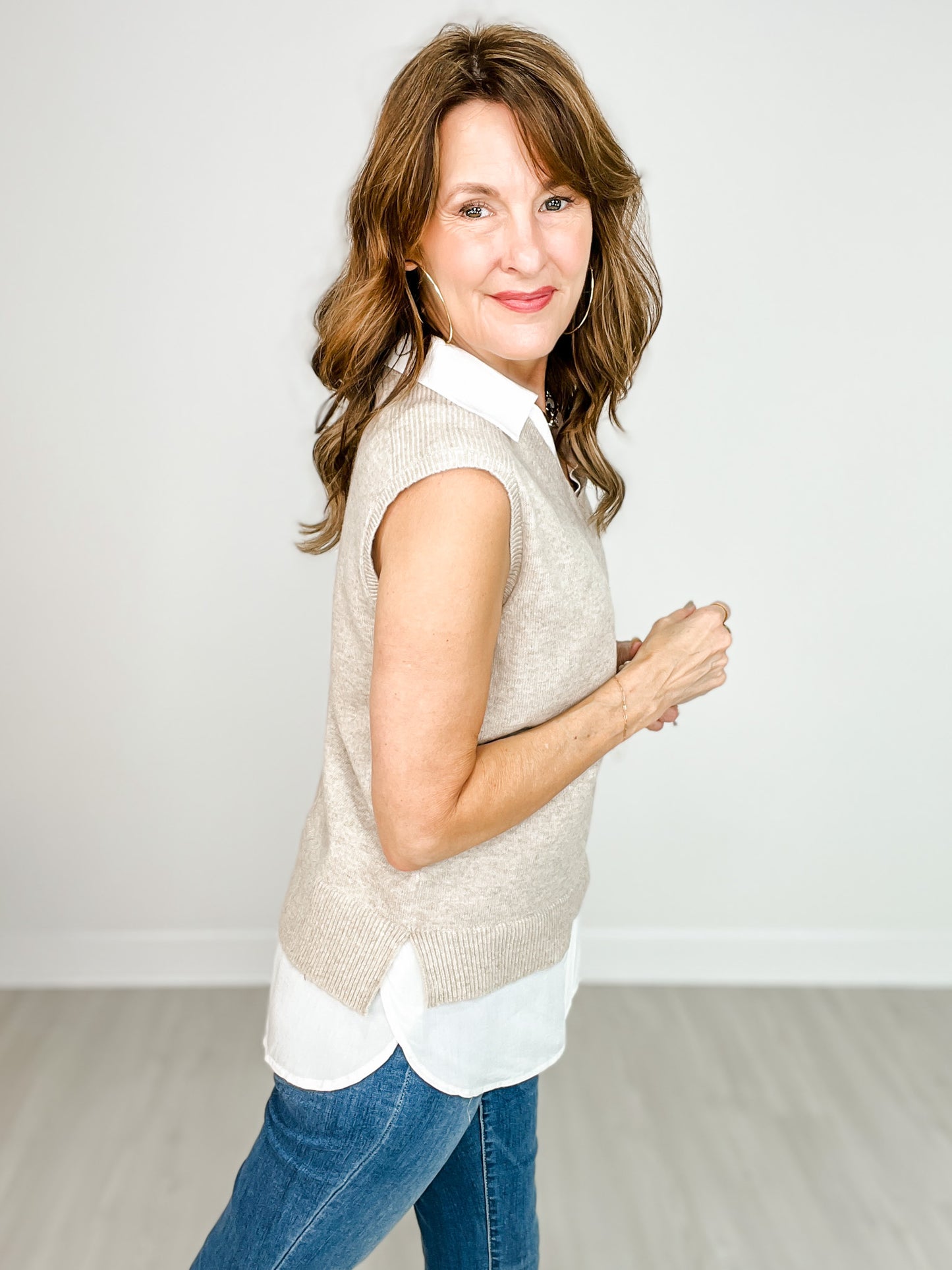 Mixed Media Sleeveless Sweater Vest