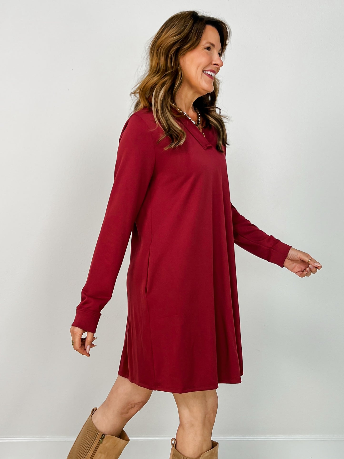 Anywhere A Line French Terry Dress with Collar in Cabernet
