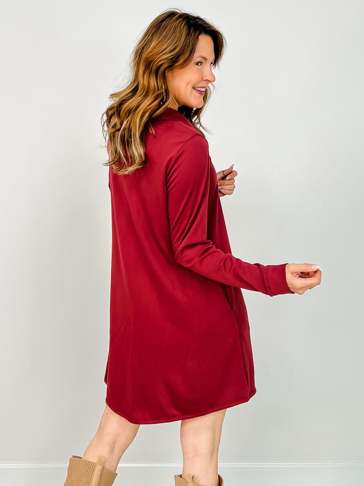 Anywhere A Line French Terry Dress with Collar in Cabernet