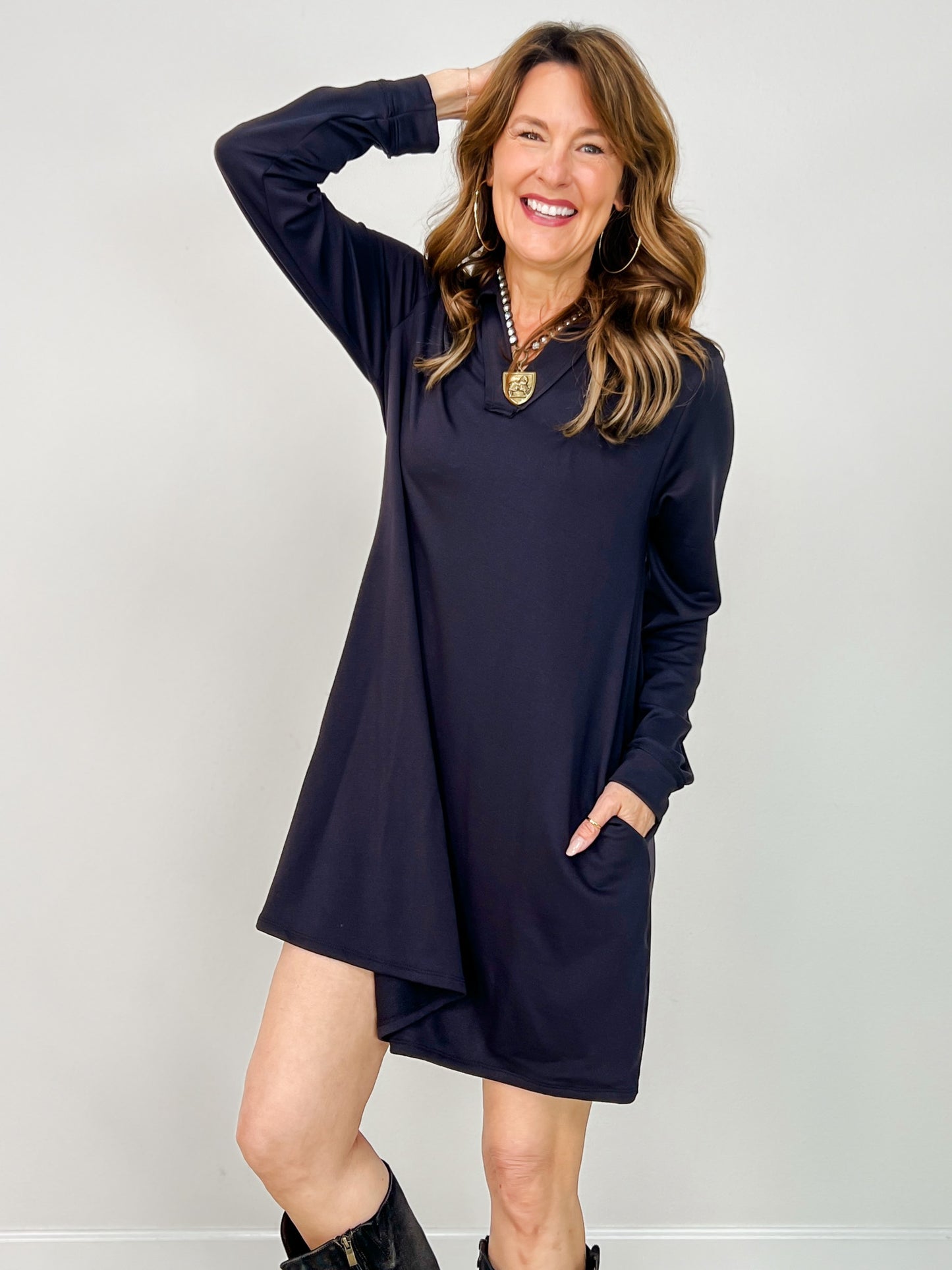 Anywhere A Line French Terry Dress with Collar in Charcoal Black