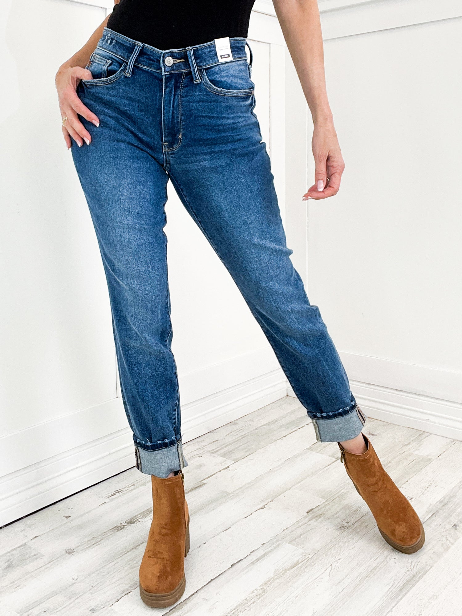 Judy Blue Mid Rise Vintage Wash Boyfriend Jeans - Destroyed Details & Rolled Cuffs