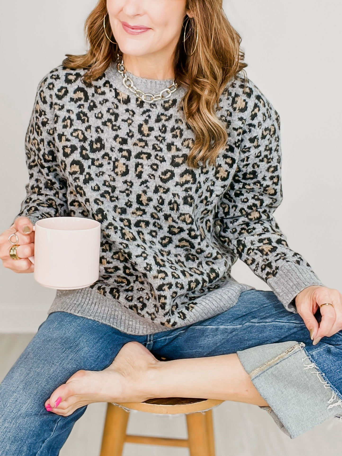 Long Sleeve Leopard Print Knit Sweater