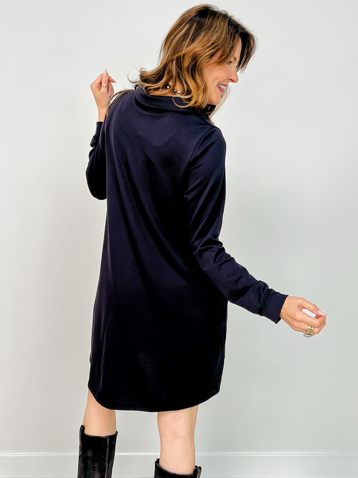 Anywhere A Line French Terry Dress with Collar in Charcoal Black