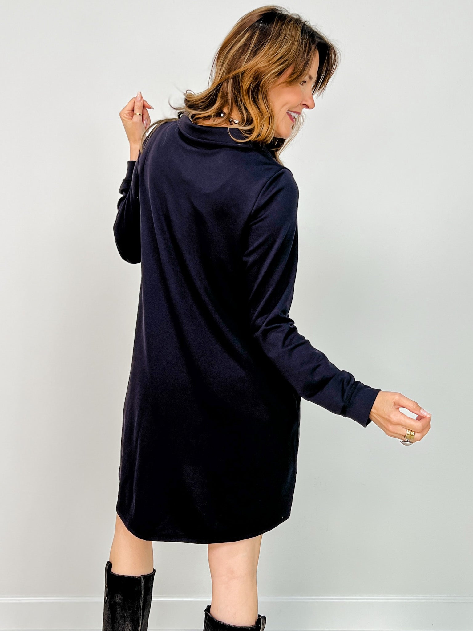 Anywhere A Line French Terry Dress with Collar in Charcoal Black