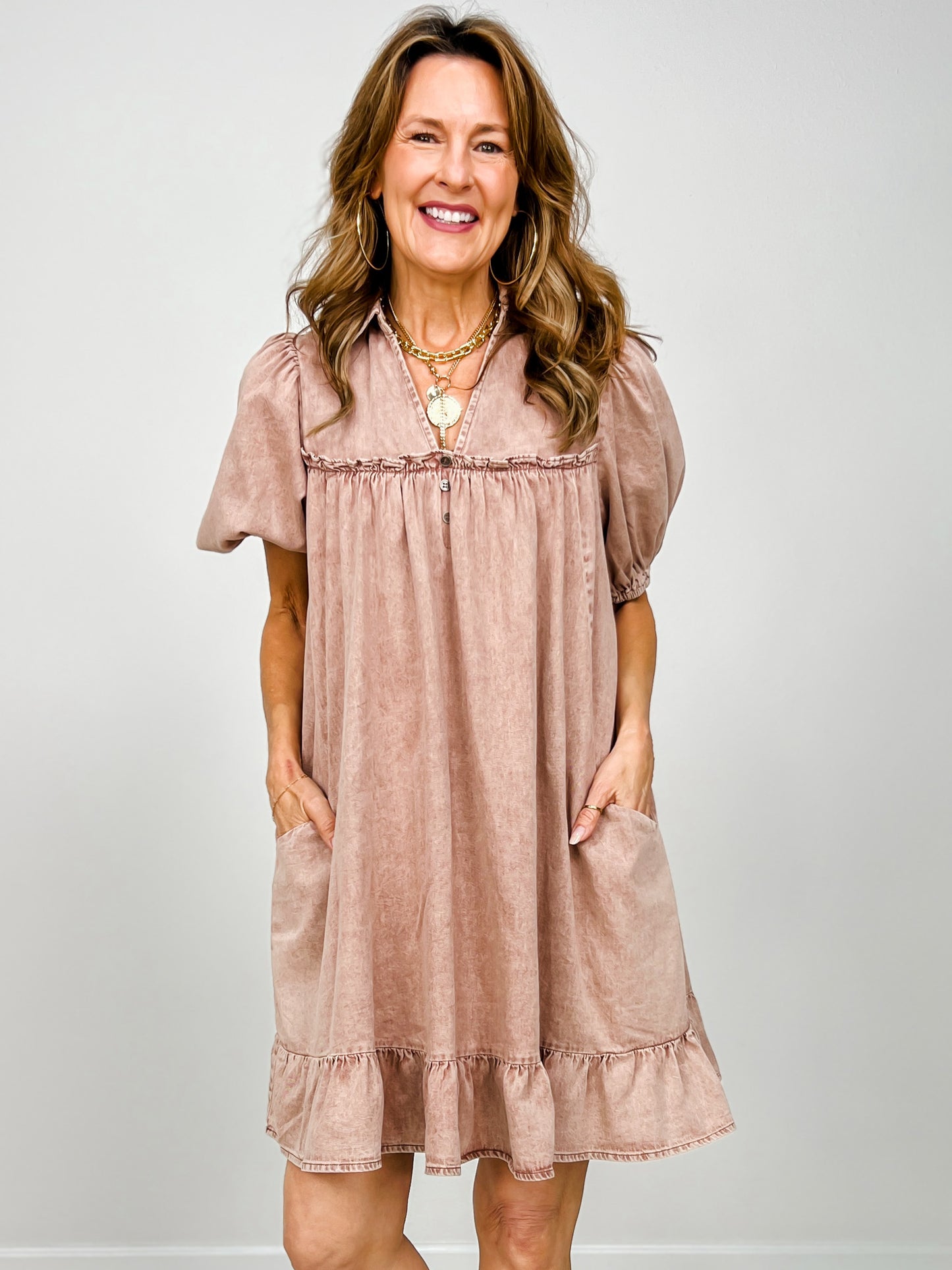 Short Puff Sleeve Washed Chambray Dress