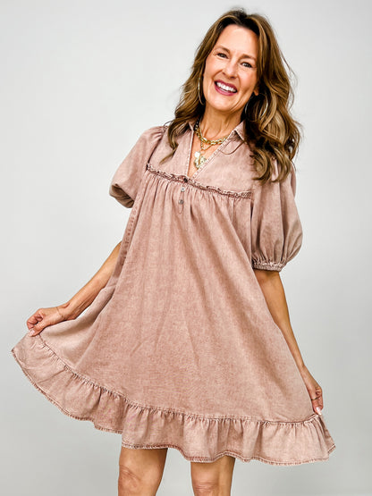 Short Puff Sleeve Washed Chambray Dress