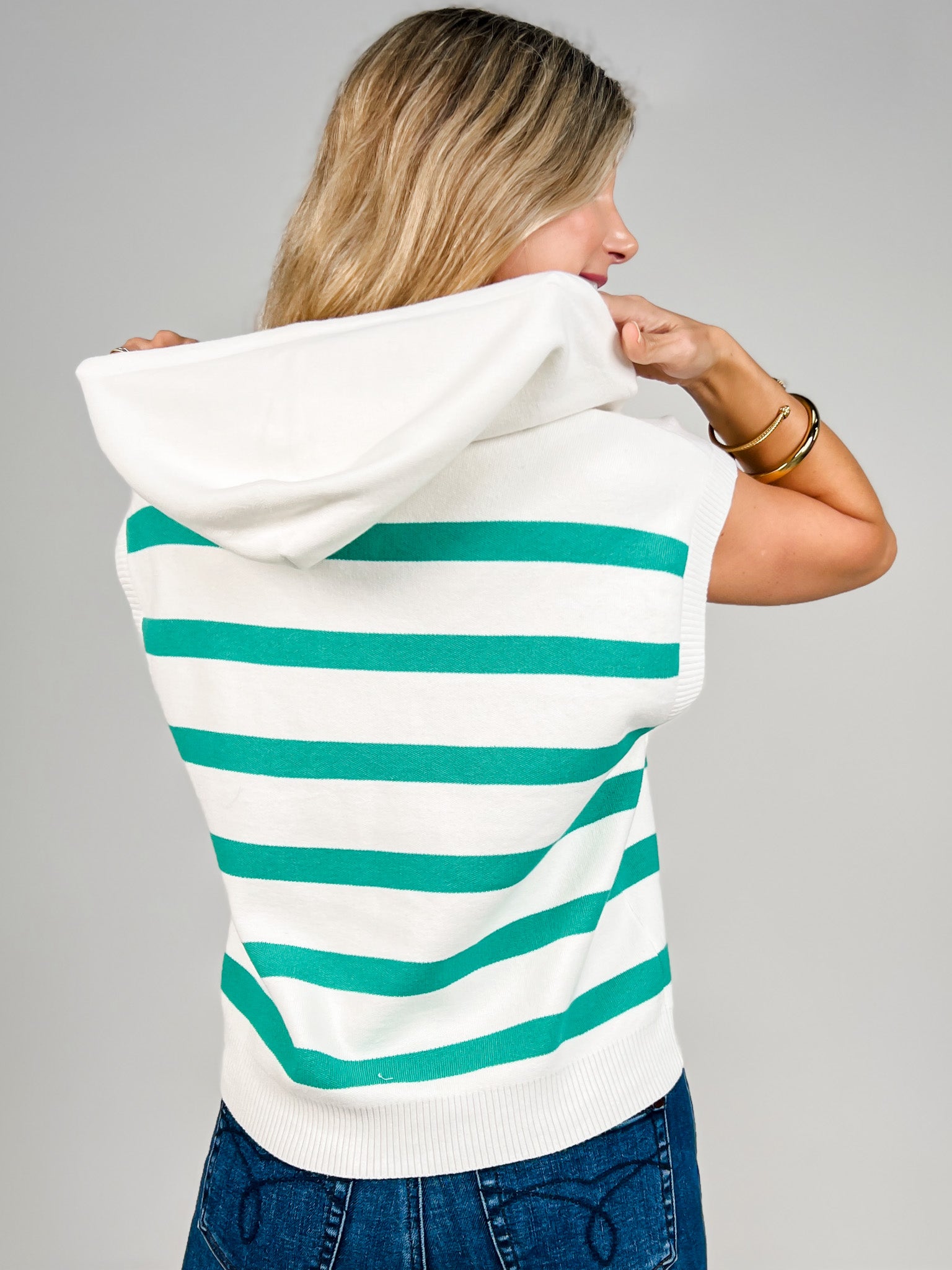 Sleeveless Striped Hoodie Sweater with 3 Button Neckline