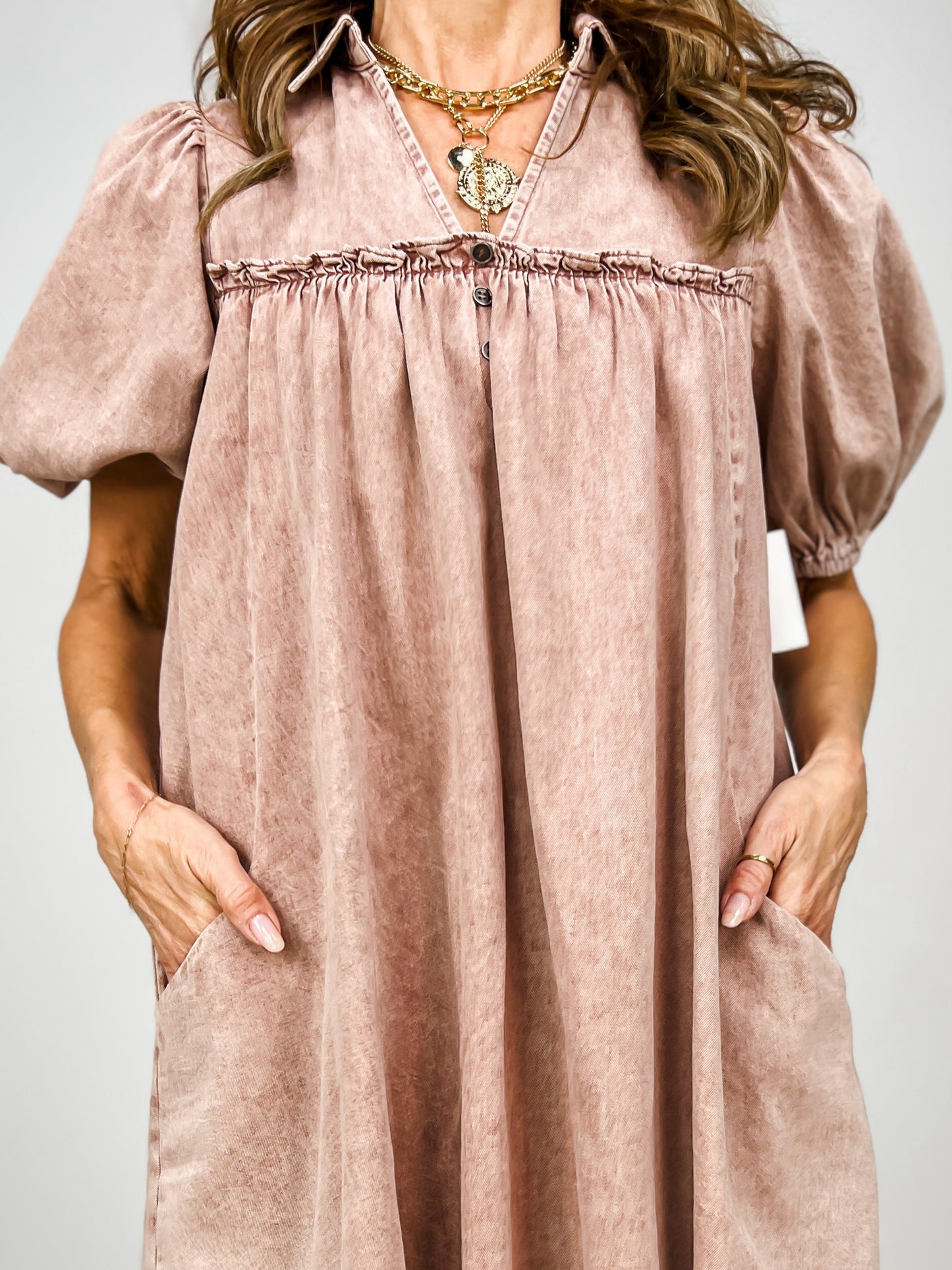 Short Puff Sleeve Washed Chambray Dress