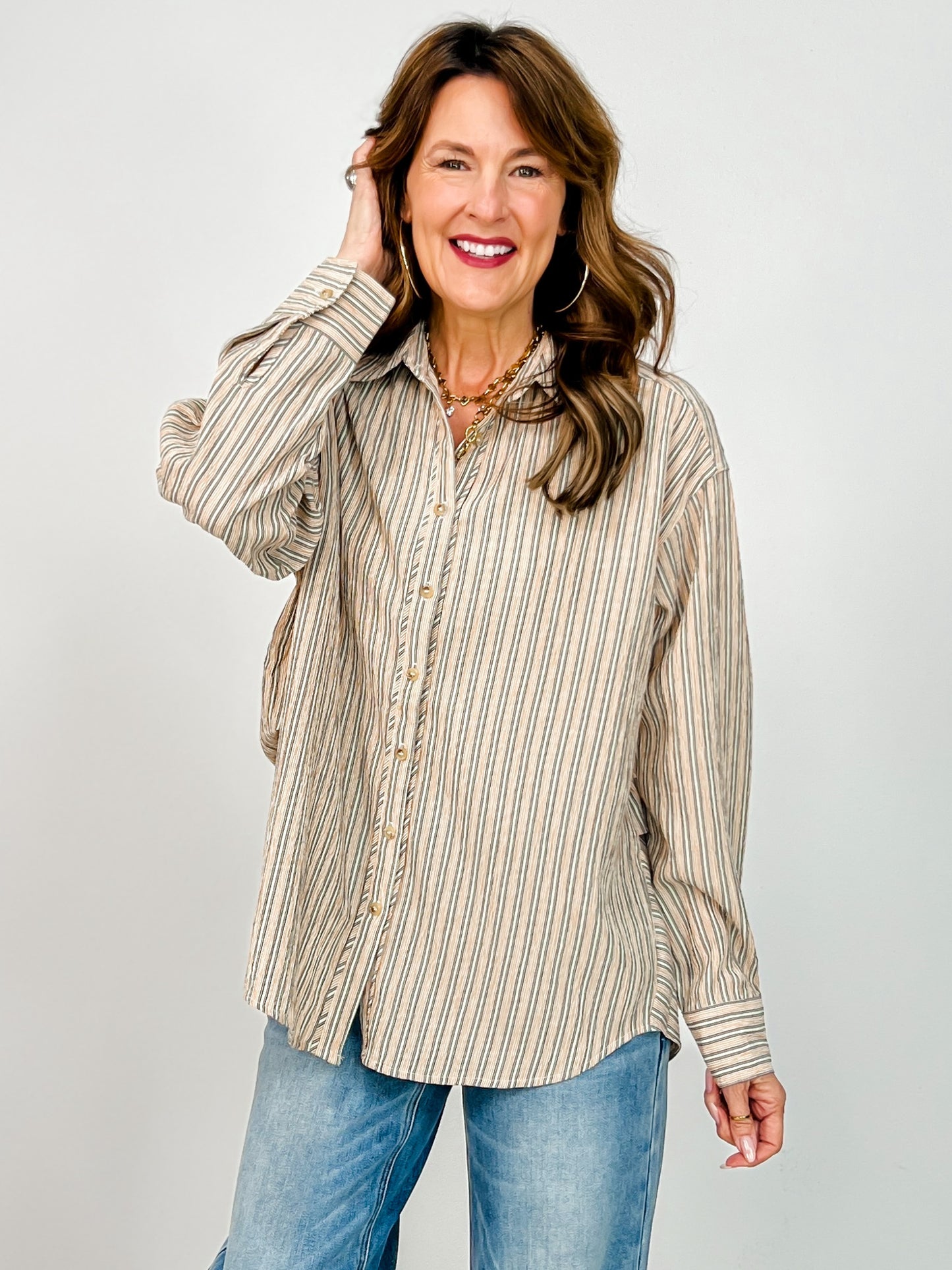 Striped Button Down Oversized Long Sleeve Top