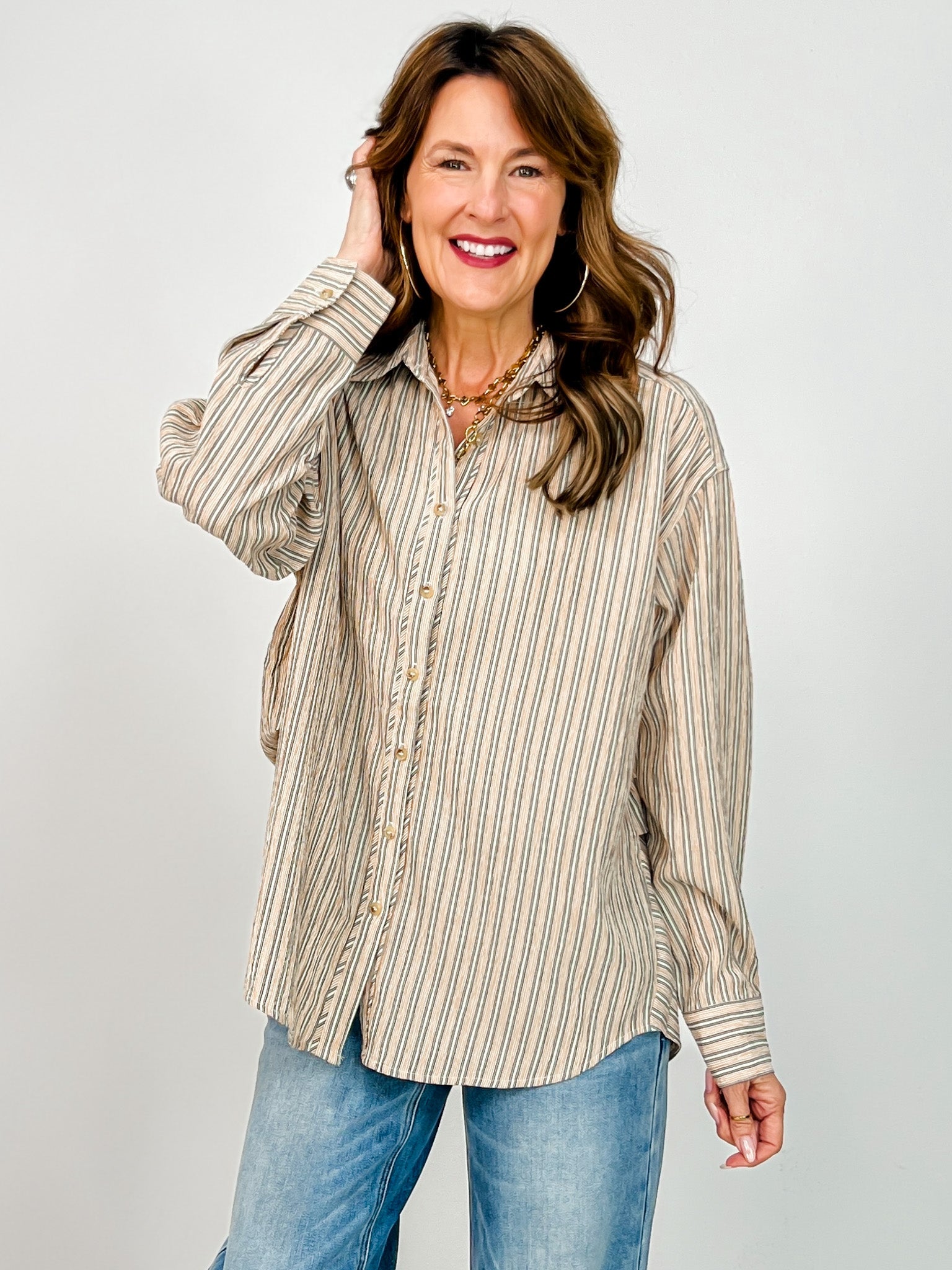 Striped Button Down Oversized Long Sleeve Top