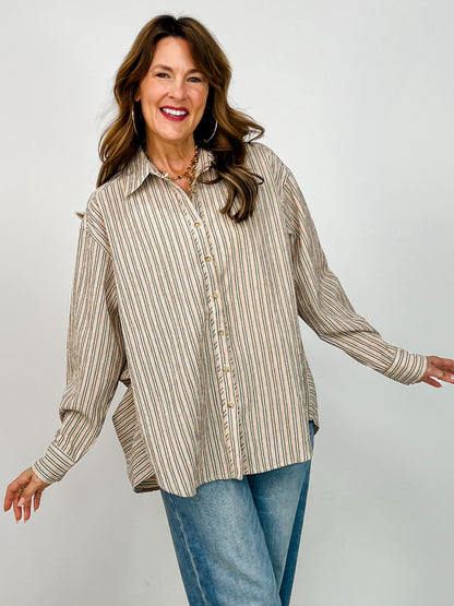 Striped Button Down Oversized Long Sleeve Top