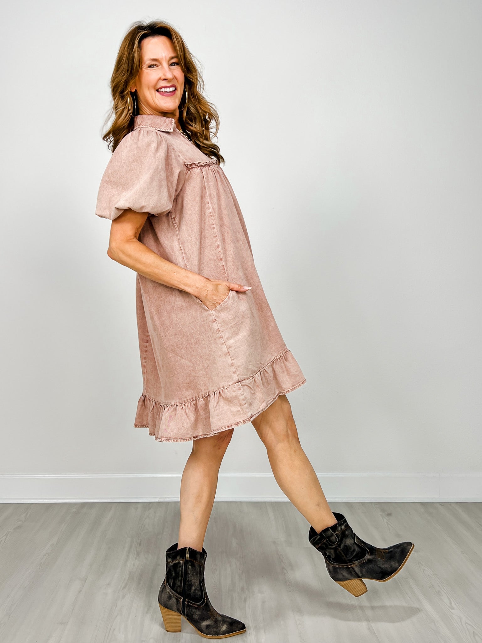 Short Puff Sleeve Washed Chambray Dress