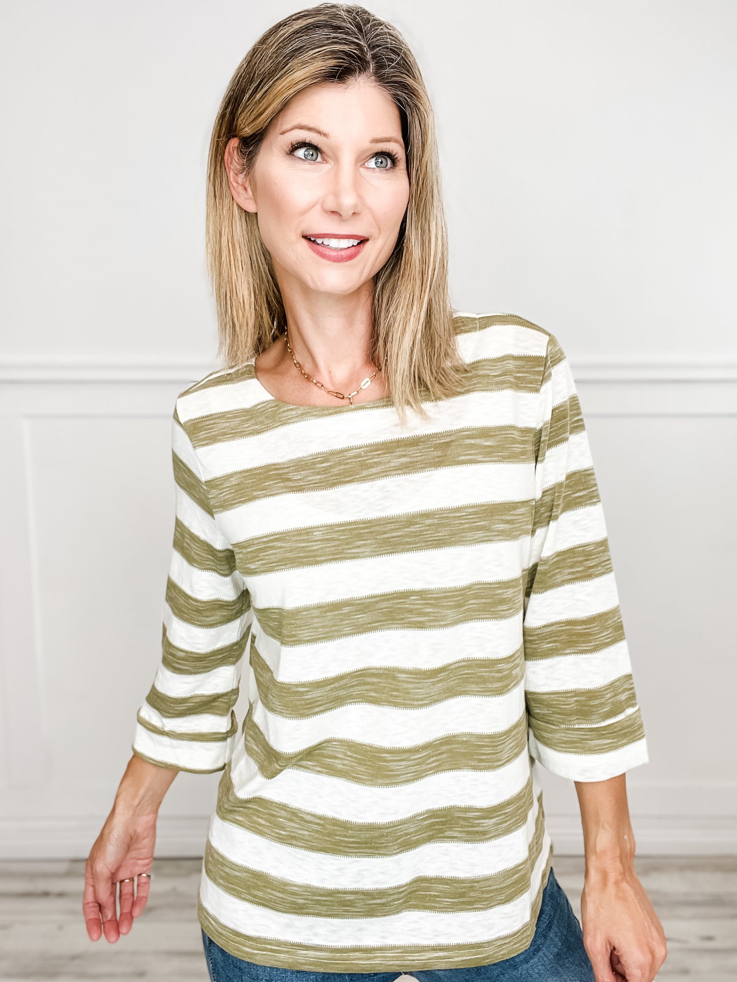 3/4 Length Sleeves Striped Top with Round Hem