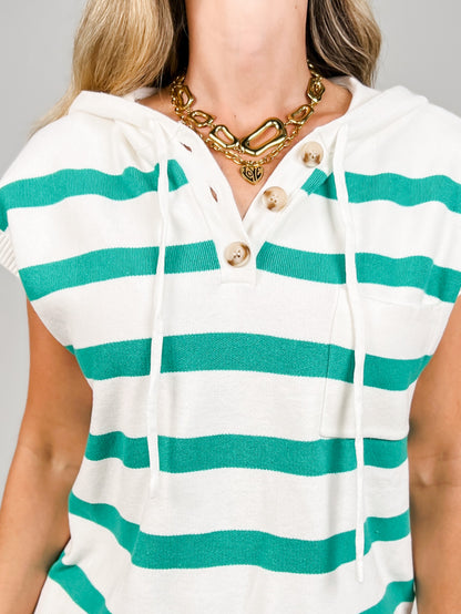 Sleeveless Striped Hoodie Sweater with 3 Button Neckline
