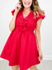 V-Neck Short Bubble Sleeve Mini Dress with Smocked and Bow Details