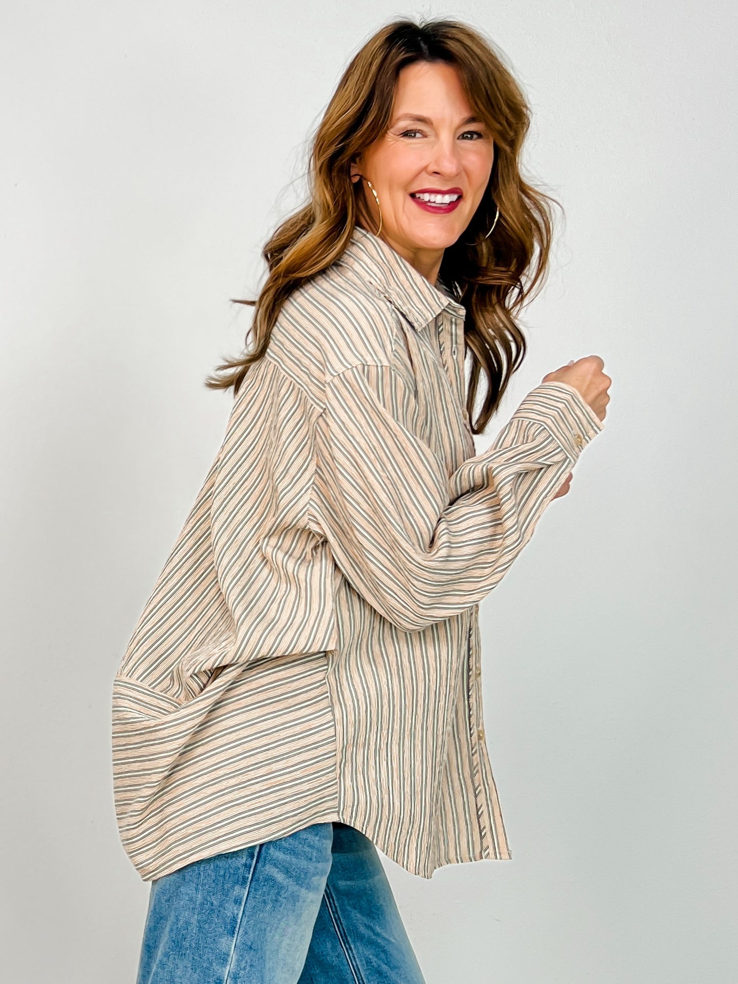 Striped Button Down Oversized Long Sleeve Top