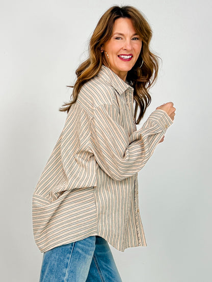 Striped Button Down Oversized Long Sleeve Top
